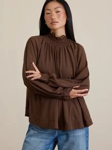 COSMINA Women's Solid Color Pleated Casual Versatile Daily Wear Shirt - Brown - View 3