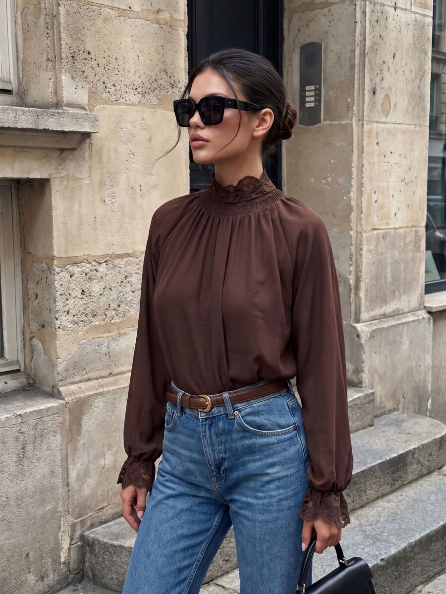 COSMINA Women's Solid Color Pleated Casual Versatile Daily Wear Shirt - Brown - View 1