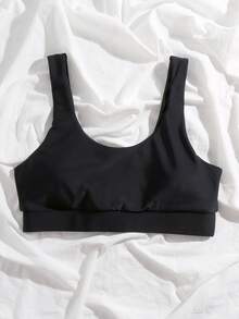 Swim Basics Summer Beach Plain Scoop Neck Bikini Top - Black - View 6