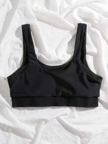 Swim Basics Summer Beach Plain Scoop Neck Bikini Top - Black - View 3