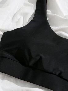 Swim Basics Summer Beach Plain Scoop Neck Bikini Top - Black - View 4