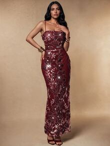 Silquee Fall/Winter Elegant Red Sequin-Embroidered Party Dress Party Wedding Birthday Graduation Club - Burgundy - View 3