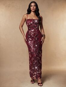 Silquee Fall/Winter Elegant Red Sequin-Embroidered Party Dress Party Wedding Birthday Graduation Club - Burgundy - View 10
