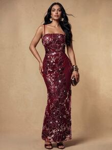 Silquee Fall/Winter Elegant Red Sequin-Embroidered Party Dress Party Wedding Birthday Graduation Club - Burgundy - View 6