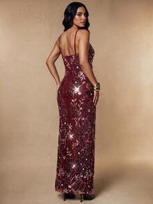 Silquee Fall/Winter Elegant Red Sequin-Embroidered Party Dress Party Wedding Birthday Graduation Club - Burgundy - View 4