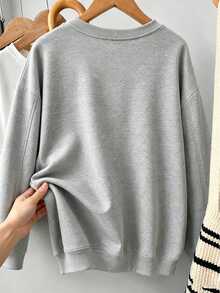 GlowEve CURVE Women's Plus Size Casual Long Sleeve Batwing Sweatshirt, Ribbed Collar, Pearl Beaded Bow Decor, Suitable For Summer And Autumn, Comfortable And Versatile - Grey - View 2