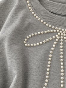 GlowEve CURVE Women's Plus Size Casual Long Sleeve Batwing Sweatshirt, Ribbed Collar, Pearl Beaded Bow Decor, Suitable For Summer And Autumn, Comfortable And Versatile - Grey - View 3