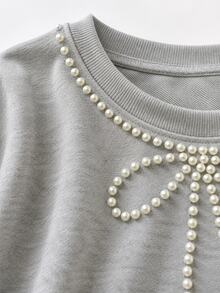 GlowEve CURVE Women's Plus Size Casual Long Sleeve Batwing Sweatshirt, Ribbed Collar, Pearl Beaded Bow Decor, Suitable For Summer And Autumn, Comfortable And Versatile - Grey - View 5