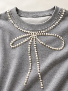 GlowEve CURVE Women's Plus Size Casual Long Sleeve Batwing Sweatshirt, Ribbed Collar, Pearl Beaded Bow Decor, Suitable For Summer And Autumn, Comfortable And Versatile - Grey - View 7