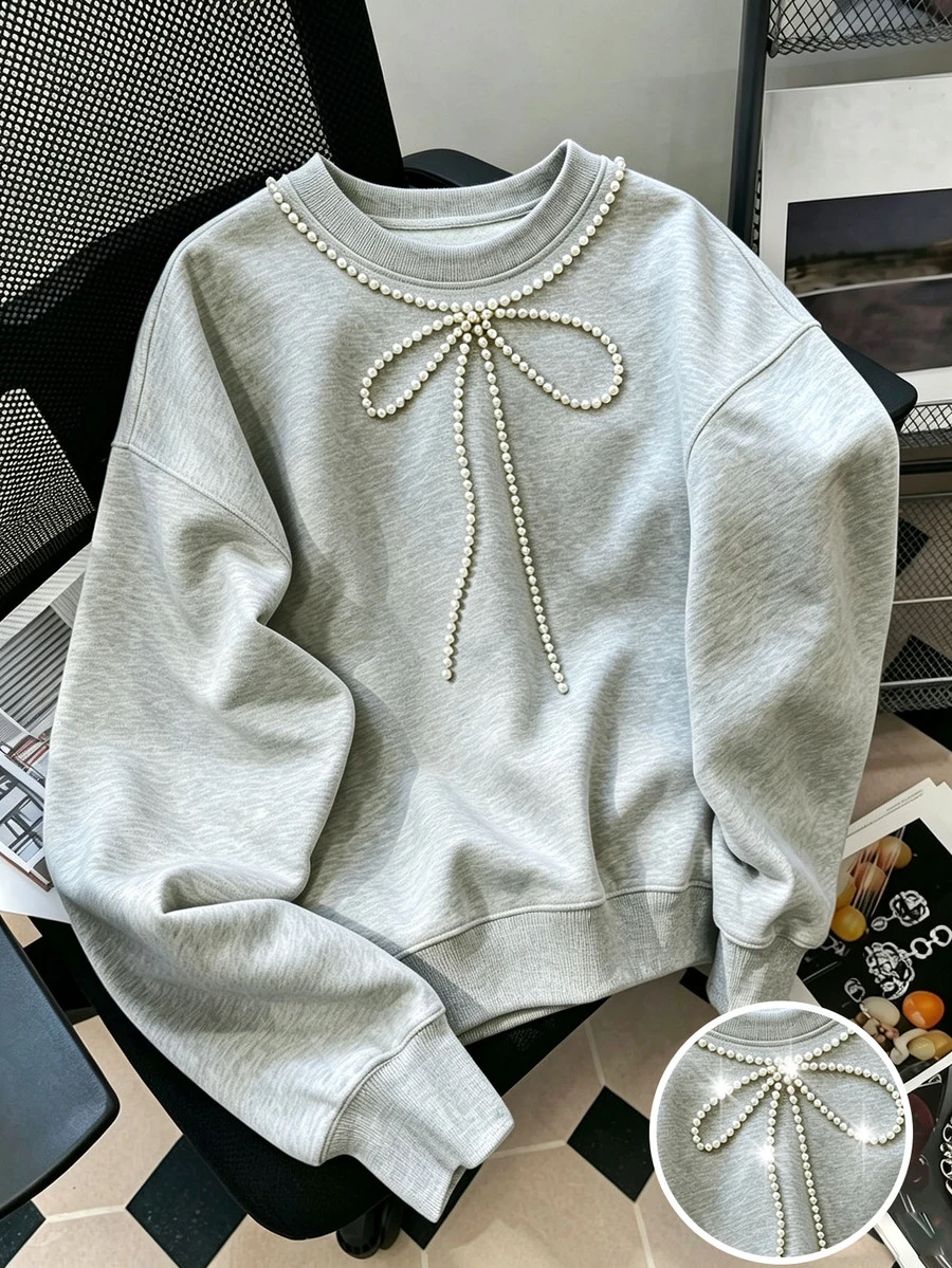 GlowEve CURVE Women's Plus Size Casual Long Sleeve Batwing Sweatshirt, Ribbed Collar, Pearl Beaded Bow Decor, Suitable For Summer And Autumn, Comfortable And Versatile - Grey - View 1