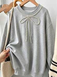 GlowEve CURVE Women's Plus Size Casual Long Sleeve Batwing Sweatshirt, Ribbed Collar, Pearl Beaded Bow Decor, Suitable For Summer And Autumn, Comfortable And Versatile - Grey - View 11
