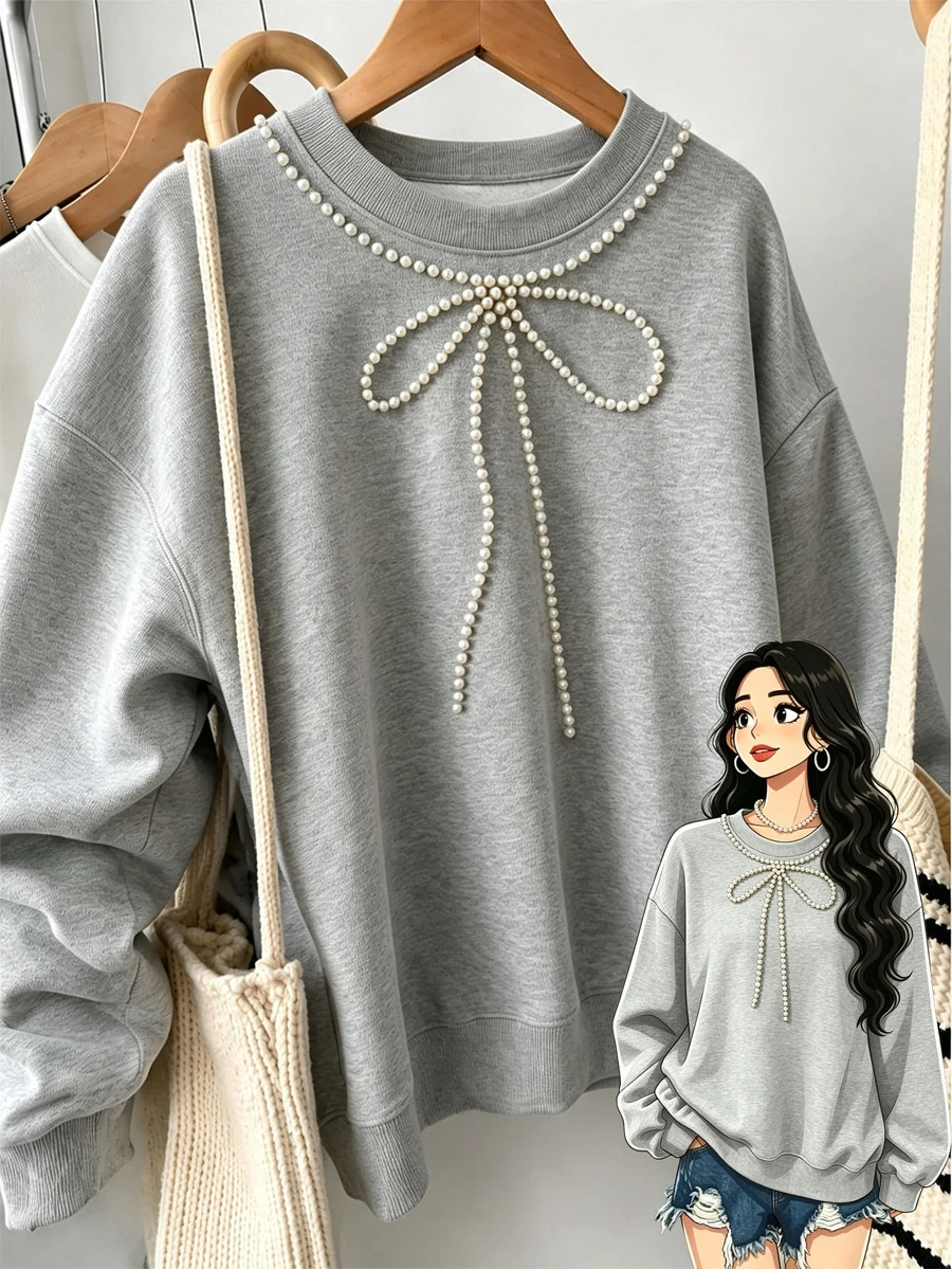 GlowEve CURVE Women's Plus Size Casual Long Sleeve Batwing Sweatshirt, Ribbed Collar, Pearl Beaded Bow Decor, Suitable For Summer And Autumn, Comfortable And Versatile - Grey - View 1