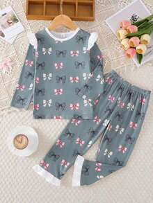 1套女童長袖長褲居家服，淺綠色、可愛粉色、淡綠色蝴蝶結滿版印花，女童最佳禮物，居家穿著，百搭時尚，最佳選擇 - 綠色 - 查看 2