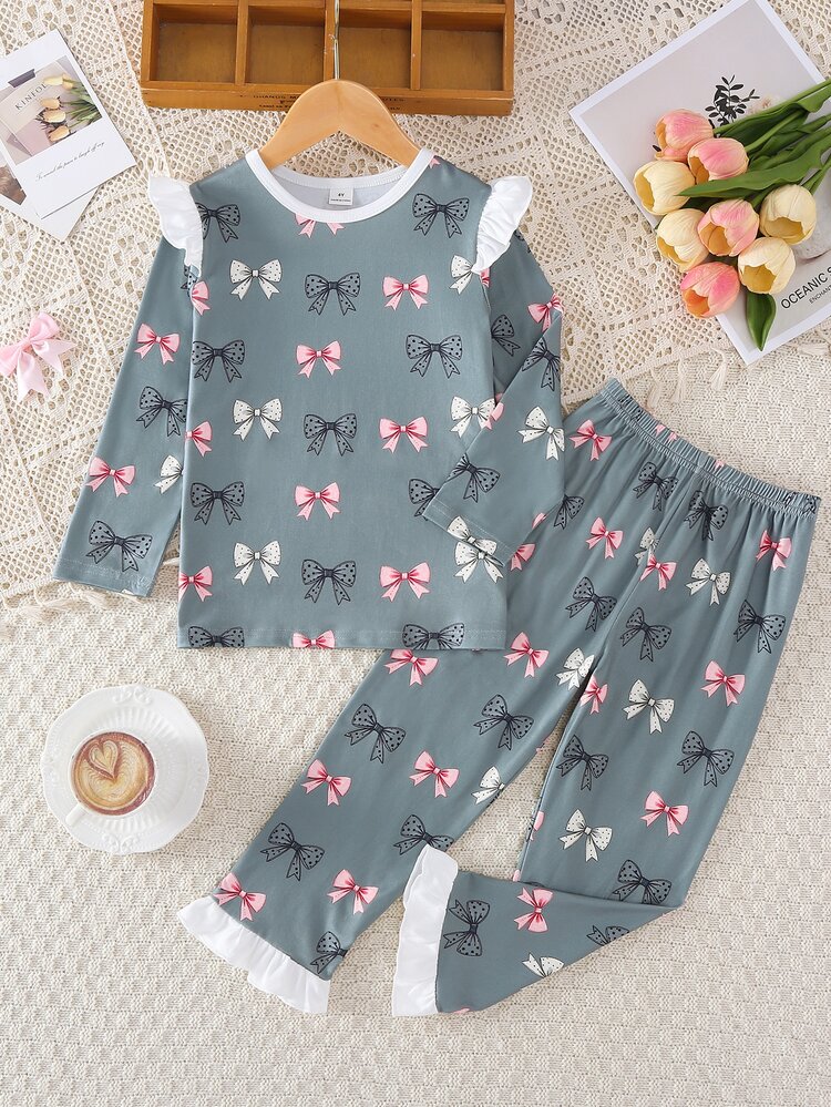 1 Set Girls' Long Sleeve Long Pants Light Green Cute Pink Pale Green Bow Full Print Pattern Loungewear, Best Gift For Girls, Home Wear, Versatile Fashion, Best Choice - Green - View 2