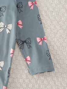 1套女童長袖長褲居家服，淺綠色、可愛粉色、淡綠色蝴蝶結滿版印花，女童最佳禮物，居家穿著，百搭時尚，最佳選擇 - 綠色 - 查看 7