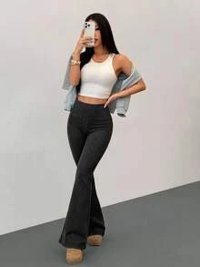 SHEIN PETITE Women's High Waist Casual Versatile Flare Jeans Fall Clothes - Blue - View 6