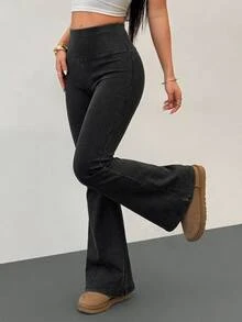 SHEIN PETITE Women's High Waist Casual Versatile Flare Jeans Fall Clothes - Blue - View 8