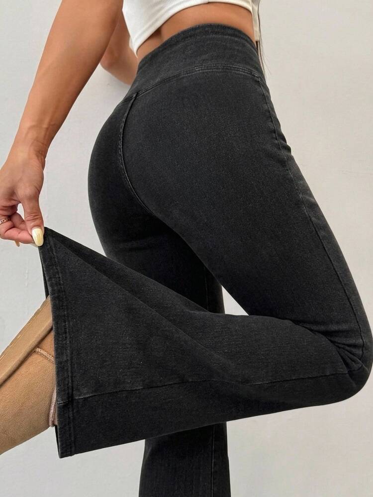 SHEIN PETITE Women's High Waist Casual Versatile Flare Jeans Fall Clothes - Blue - View 4
