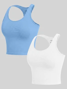 SHEIN Sports Women's Solid Color Daily Sporty Athleisure Fitness Sports Racerback Tank Top Gym Workout Aqua Blue White Summer - Multicolor - View 4