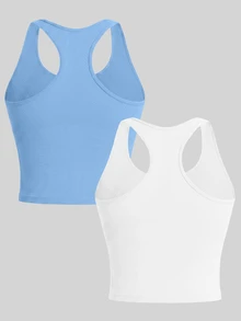 SHEIN Sports Women's Solid Color Daily Sporty Athleisure Fitness Sports Racerback Tank Top Gym Workout Aqua Blue White Summer - Multicolor - View 2