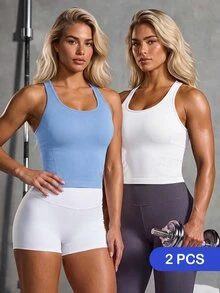 SHEIN Sports Women's Solid Color Daily Sporty Athleisure Fitness Sports Racerback Tank Top Gym Workout Aqua Blue White Summer - Multicolor - View 3