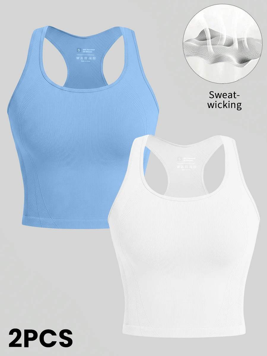SHEIN Sports Women's Solid Color Daily Sporty Athleisure Fitness Sports Racerback Tank Top Gym Workout Aqua Blue White Summer - Multicolor - View 1