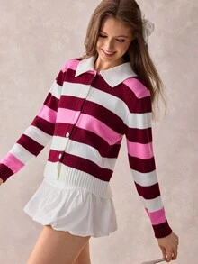 SHEIN Preppy Stripe Contrast Collar Button Front Knit Cardigan - Multicolor - View 3