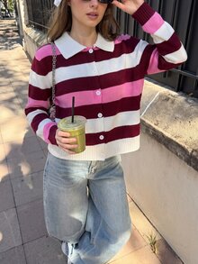 SHEIN Preppy Stripe Contrast Collar Button Front Knit Cardigan - Multicolor - View 2