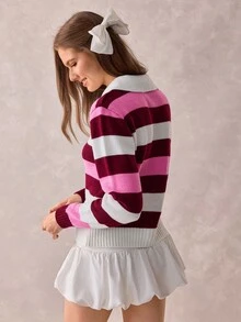 SHEIN Preppy Stripe Contrast Collar Button Front Knit Cardigan - Multicolor - View 4