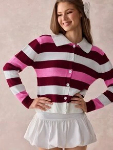 SHEIN Preppy Stripe Contrast Collar Button Front Knit Cardigan - Multicolor - View 7