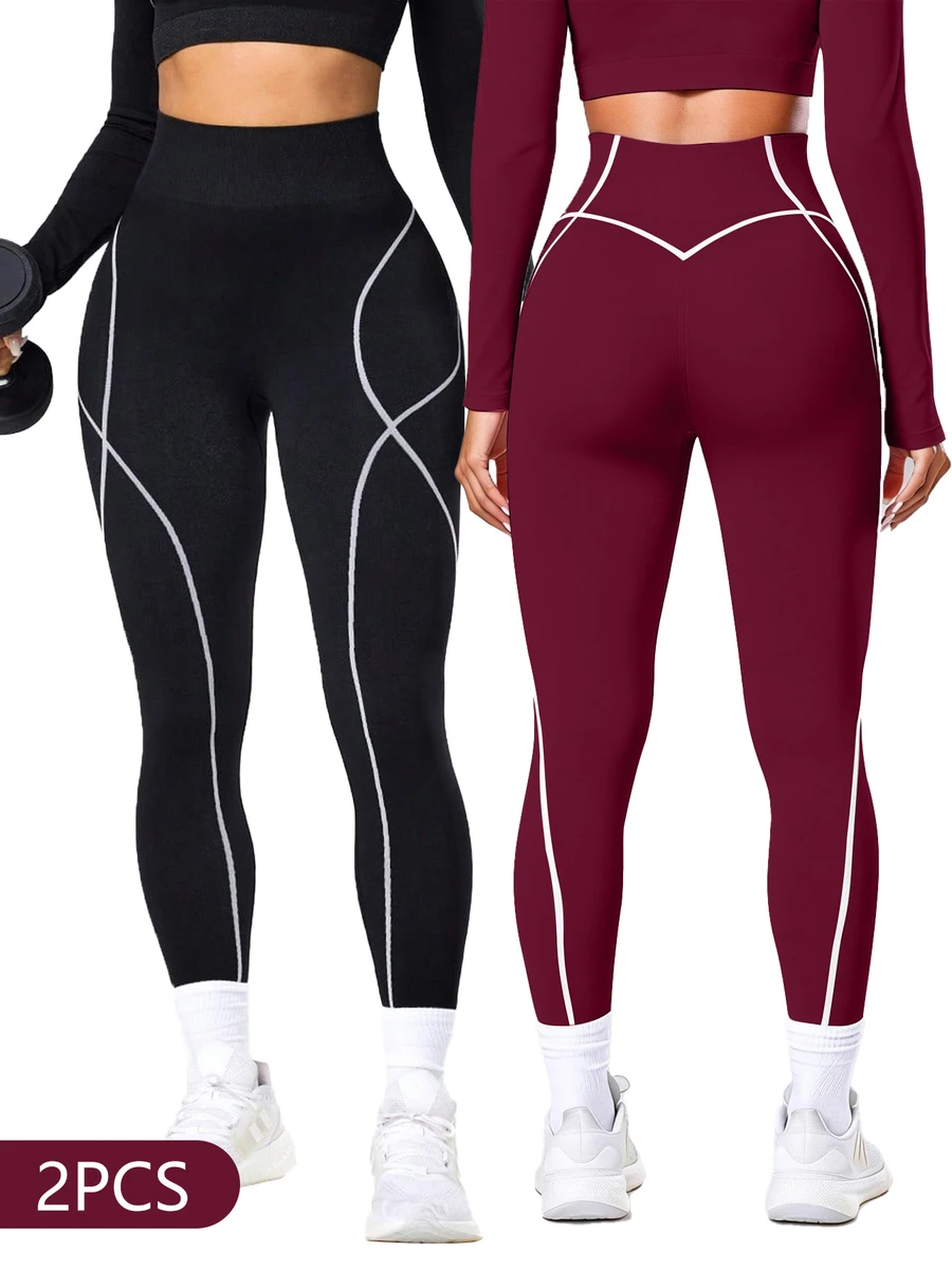 Velisys Velisys 女款高腰休閒條紋拼接修身運動緊身褲 2件組 - 彩色 - 查看 1