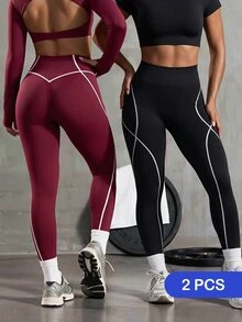 Velisys Velisys 女款高腰休閒條紋拼接修身運動緊身褲 2件組 - 彩色 - 查看 3