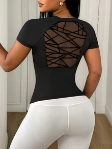 Gameset SHEIN Sport Women's Mesh Patchwork Slim Fit Versatile Daily Casual Sports T-Shirt - Black - View 4