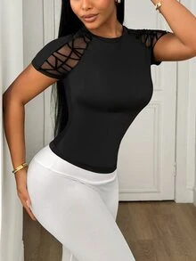 Gameset SHEIN Sport Women's Mesh Patchwork Slim Fit Versatile Daily Casual Sports T-Shirt - Black - View 7