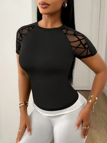 Gameset SHEIN Sport Women's Mesh Patchwork Slim Fit Versatile Daily Casual Sports T-Shirt - Black - View 5