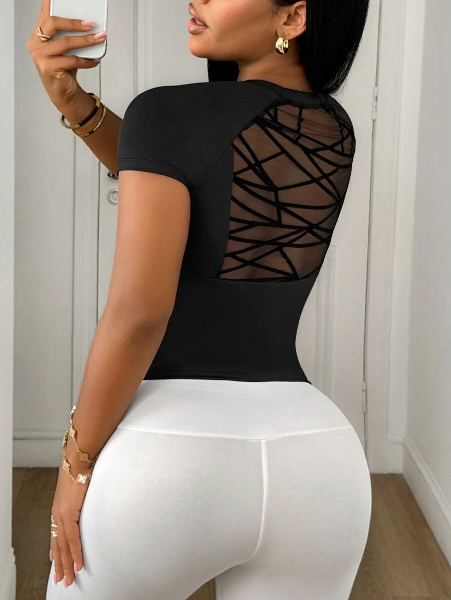 Gameset SHEIN Sport Women's Mesh Patchwork Slim Fit Versatile Daily Casual Sports T-Shirt - Black - View 1