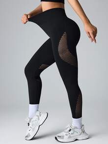 SHEIN Sports 无缝高弹力运动瑜伽健身紧身裤，带网眼面板 - 黑色 - 查看 6
