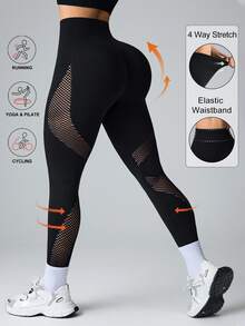 SHEIN Sports 无缝高弹力运动瑜伽健身紧身裤，带网眼面板 - 黑色 - 查看 4