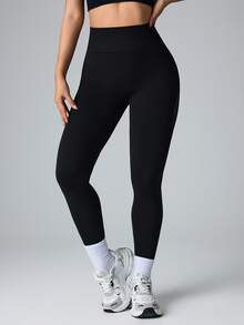 SHEIN Sports 无缝高弹力运动瑜伽健身紧身裤，带网眼面板 - 黑色 - 查看 5