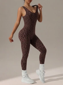 SHEIN Sports 女款時尚豹紋無縫緊身運動連身褲 - 棕色 - 查看 7