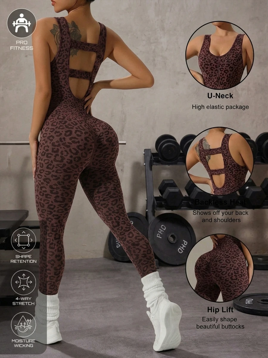 SHEIN Sports 女款時尚豹紋無縫緊身運動連身褲