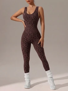 SHEIN Sports 女款時尚豹紋無縫緊身運動連身褲 - 棕色 - 查看 3
