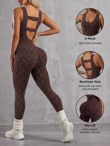SHEIN Sports 女款時尚豹紋無縫緊身運動連身褲 - 棕色 - 查看 5