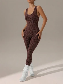 SHEIN Sports 女款時尚豹紋無縫緊身運動連身褲 - 棕色 - 查看 10