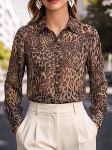 Chikora Plus Size Women's Leopard Print Casual Versatile Daily Wear Shirt - Brown - View 7