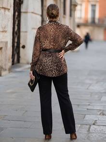 Chikora Plus Size Women's Leopard Print Casual Versatile Daily Wear Shirt - Brown - View 3