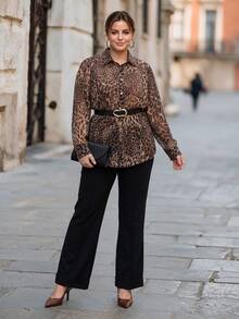 Chikora Plus Size Women's Leopard Print Casual Versatile Daily Wear Shirt - Brown - View 4