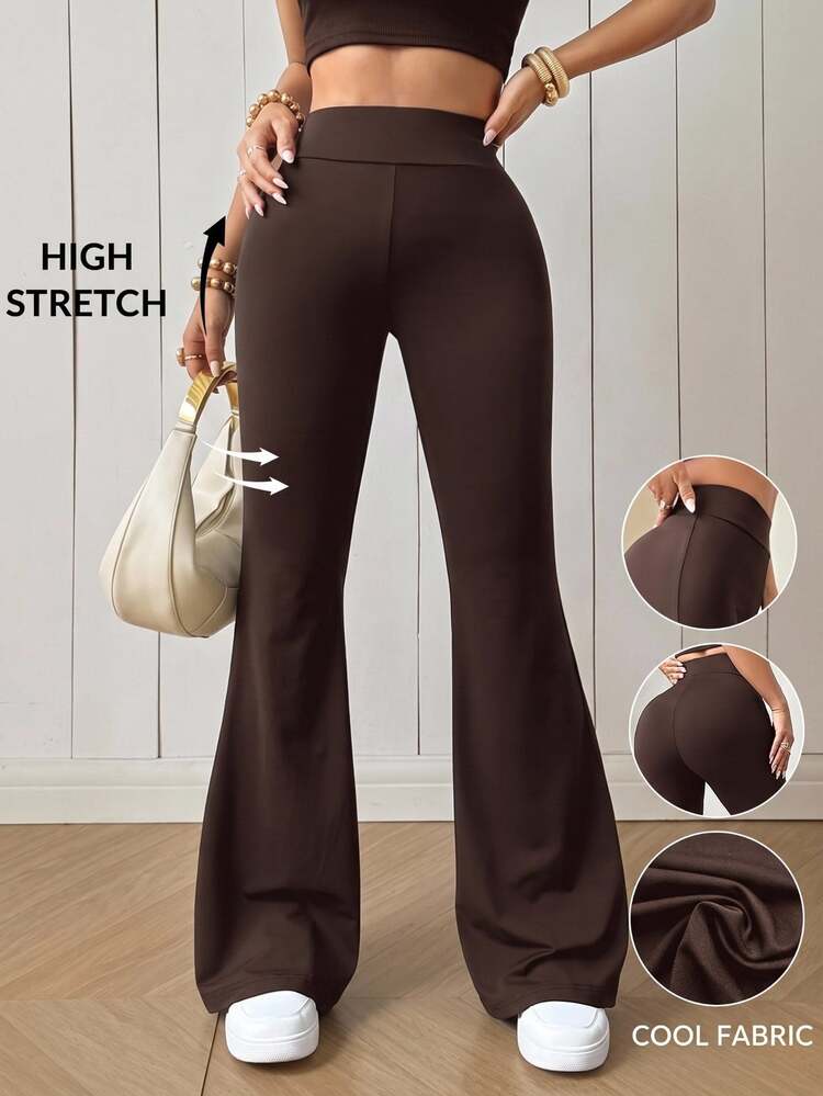 SHEIN EZwear Dark Brown Knitted Women's Skinny Flare Pants Pilates Gym Autumn Casual - Chocolate Brown - View 1