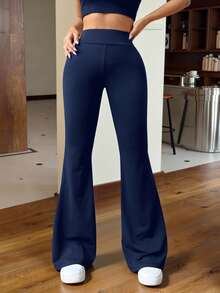 SHEIN EZwear Navy Blue Knitted Women's Skinny Flare Pants Workout Exercise Navy Blue Autumn Casual Sport - Navy Blue - View 6