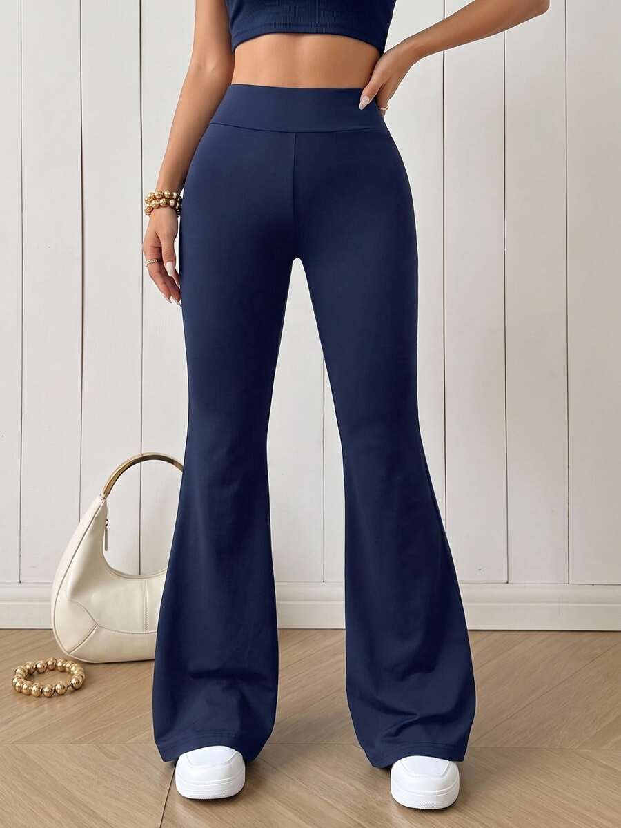 SHEIN EZwear Navy Blue Knitted Women's Skinny Flare Pants Workout Exercise Navy Blue Autumn Casual Sport - Navy Blue - View 1
